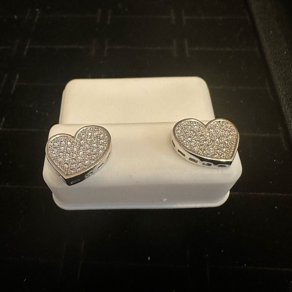 Heart-Shaped Sterling Silver CZ Stud Earrings Pavé Setting Nickel-Free - Picture 1 of 4